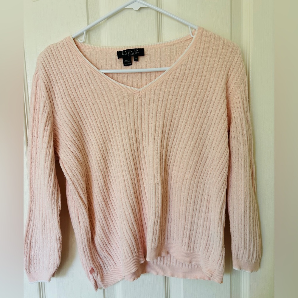 Ralph Lauren Blush Pink Cotton Ribbed V-Neck Sweater Petite Medium Feminine